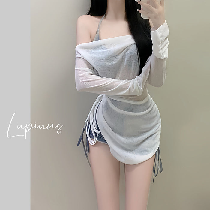 Wholesale Swimsuit vacation tie dye blue three-point sports split flat angle bikini top three piece set