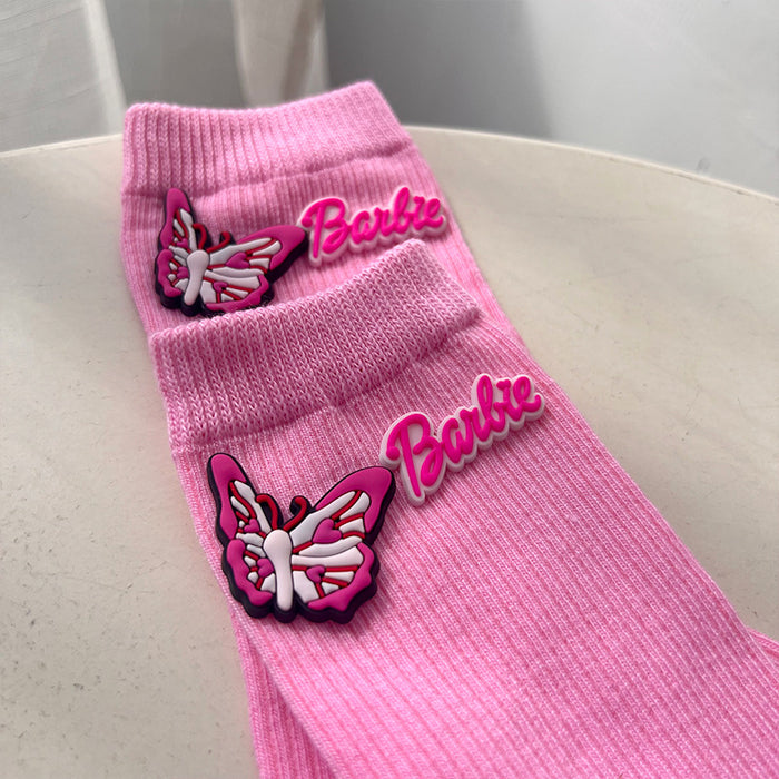 Wholesale Pink 3D padded heart-shaped knit mid-calf socks