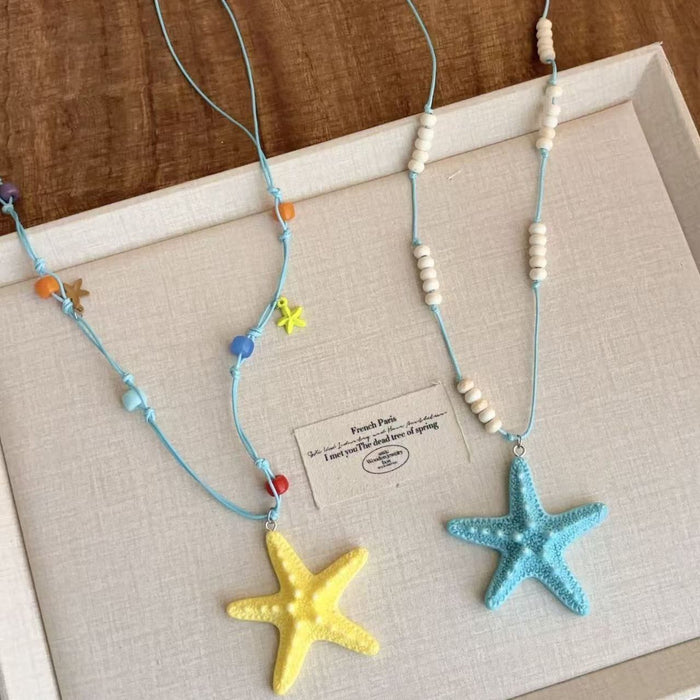Wholesale Handmade Alloy Beaded Starfish Necklace Yellow Sea Star Blue Thread Beach Vacation Style