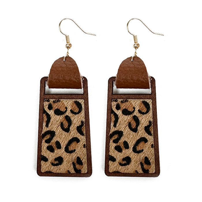 Wholesale Western genuine leather earrings Cow brand geometric hollow inlaid leopard print classic exaggerated earrings