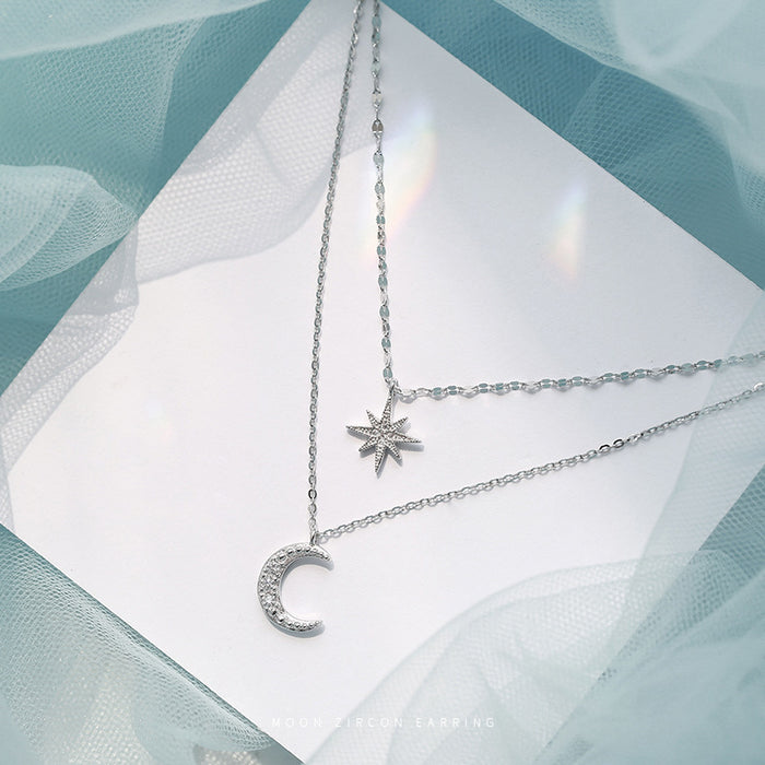 Wholesale Silver Flash Diamond Star Moon Double-Layer Necklace