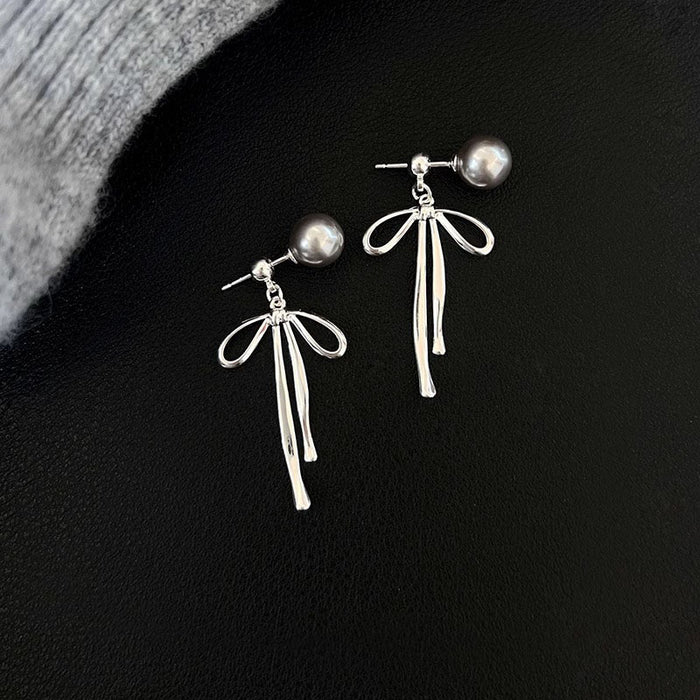 Wholesale  bowknot Gray Pearl long earrings  women one two-piece earrings without piercing  ear clip