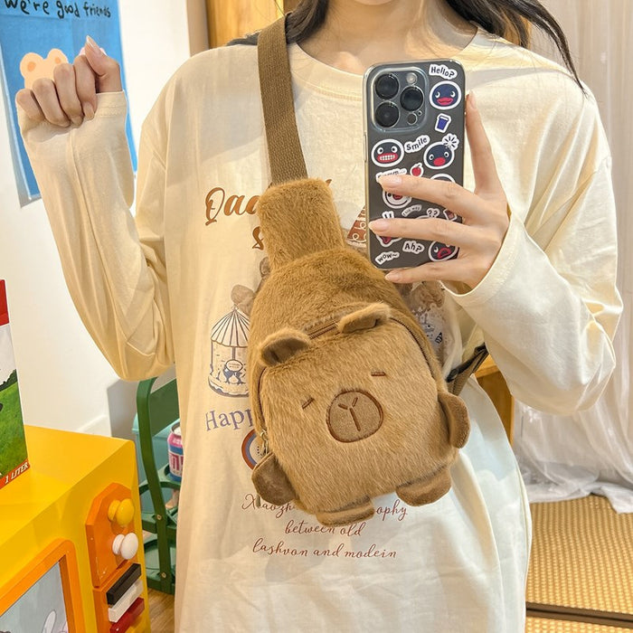 Wholesale Plush Mobile Phone Small Bag Women's Autumn and Winter Cartoon Capybara Crossbody Bag Durable Commuter Chest Bag