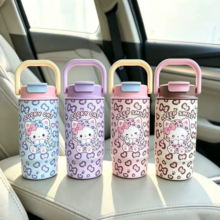 Wholesale Stylish Leopard Print Stainless Steel Cup With Handle Pop Lid For Car School Gift