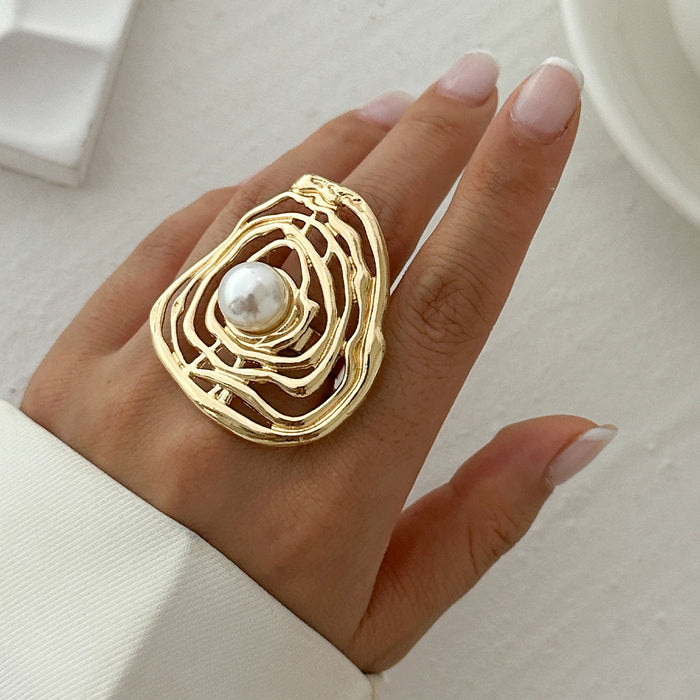 Wholesale Jewelry Geometric Ripple Imitation Pearl Ring Irregular Elliptical Alloy Wrapped Ring