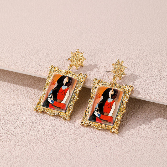 Wholesale Retro gold frame earrings abstract woman famous painting exaggerated earrings crying woman earrings