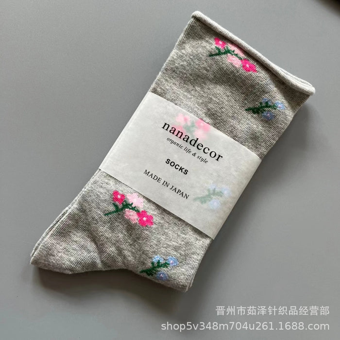Wholesale Fruit and flower loose mouth rolled edge mid tube socks, simple cotton socks