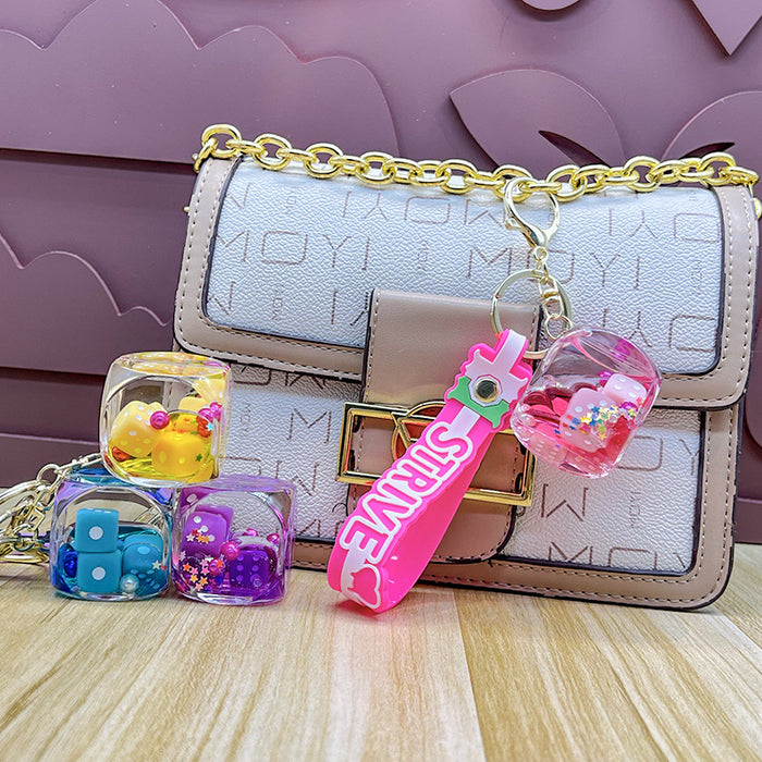 Wholesale New Oil filled Cube Dice Keychain Creative Small Toy Bag Car Hanging Decoration Pendant