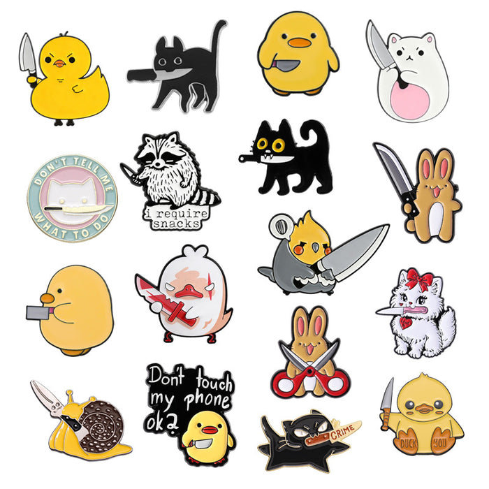 Wholesale Funny Cartoon Cat Duck Enamel Pin Set Knife Wielding Brooch Zinc Alloy Baking Finish Jewelry Accessory For Resale
