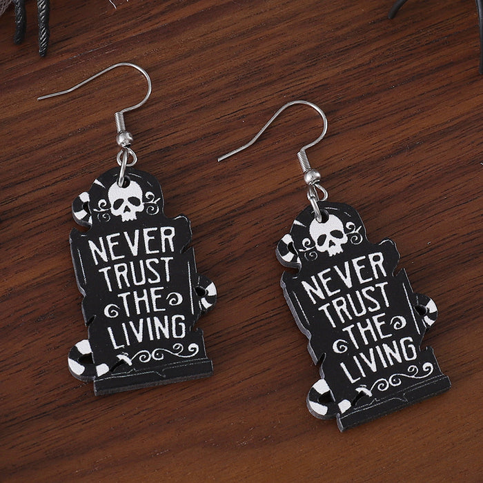 Wholesale  Skull Tombstone Pendant Earrings Wooden Gothic Double-sided Ear Jewelry