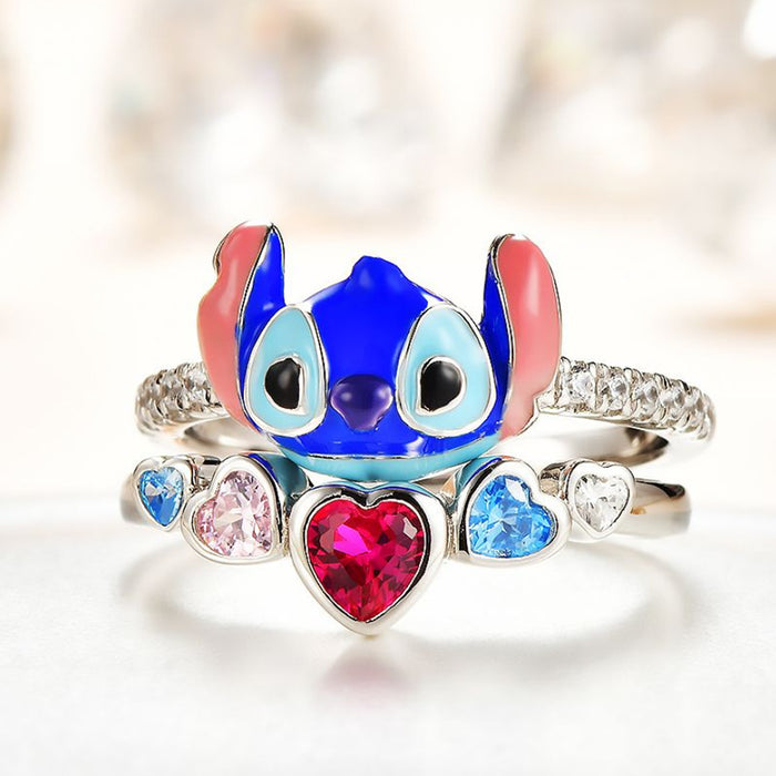 Wholesale Lilo & Stitch Anime Periphery Stitch Angel Micro-inlaid White Stone Two-piece Ring JDC-RS-jinmiao001