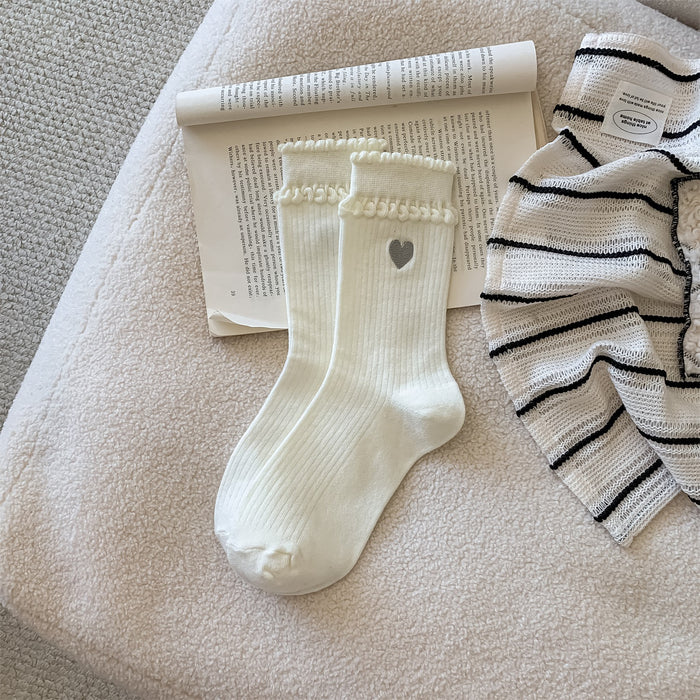 Wholesale New socks with children's embroidery, love heart, women's tube socks, versatile, college style, double-layer lace stacking socks