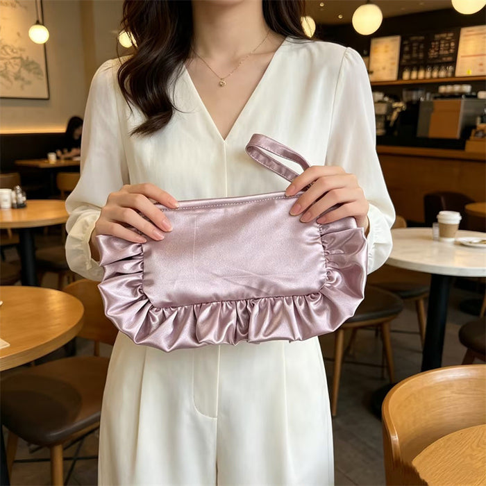Wholesale Stylish Satin Finish Ruffle Trim Clutch Handbag Wine Red Polyester Small Evening Purse For Women Zipper Closure Party Bag