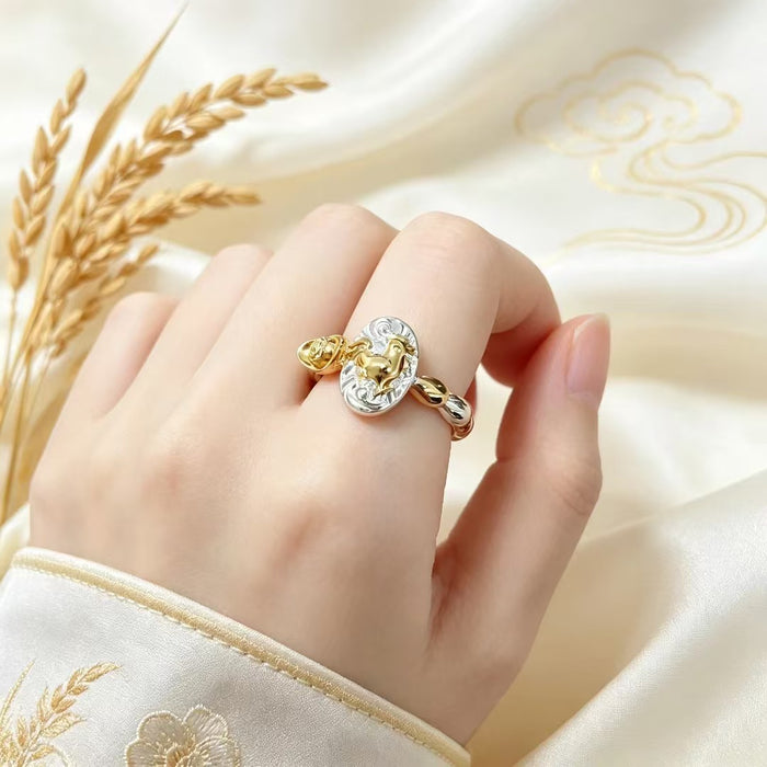 Wholesale Chinese Zodiac Rat Adjustable Open Ring Seven Grain Retro Gold Plated Copper Unisex Jewelry Boutique Resale Gift