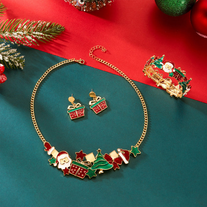 Wholesale Christmas necklace set alloy oil drop fashion earrings bracelet jewelry three-piece set