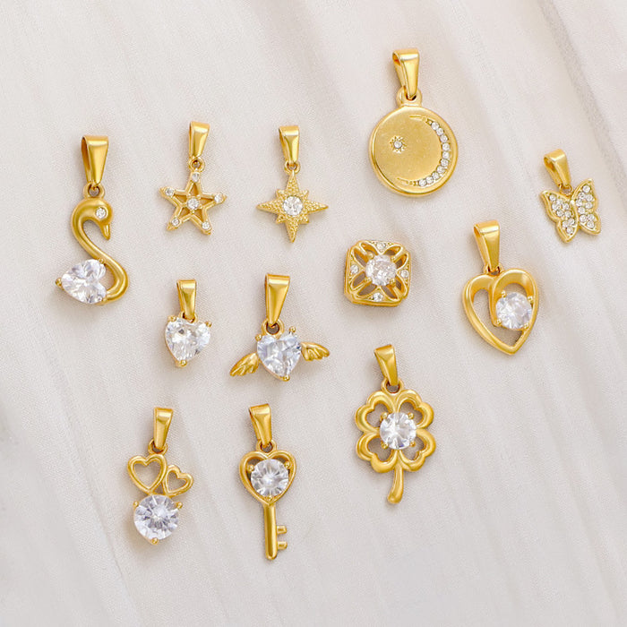 Wholesale 6pcs/set DIY diamond love four-leaf clover butterfly key geometric accessories stainless steel plated 24K gold pendant