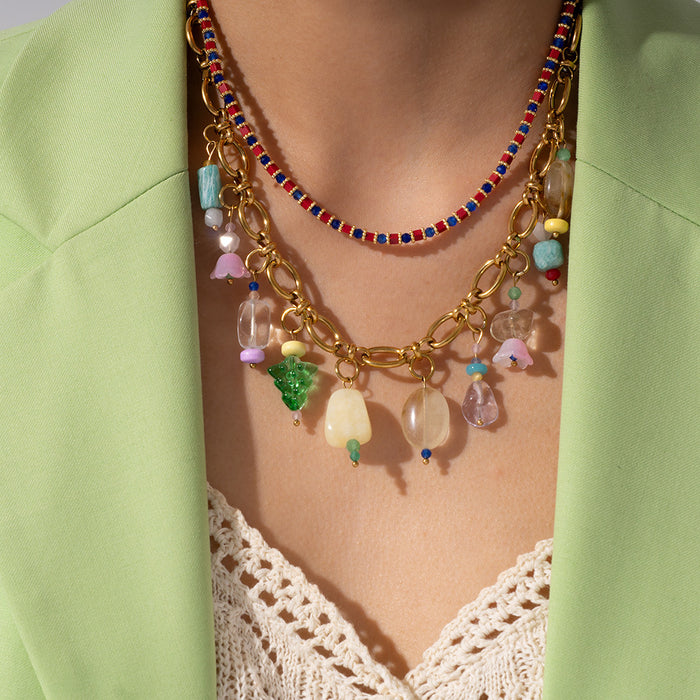 Wholesale Fashionable and personalized bead necklace made of stainless steel paired with natural stone pendant, original design, elegant women's accessories