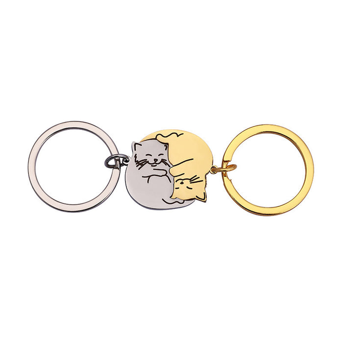 Wholesale cartoon black white cat stainless steel keychain couple jewelry small pendant