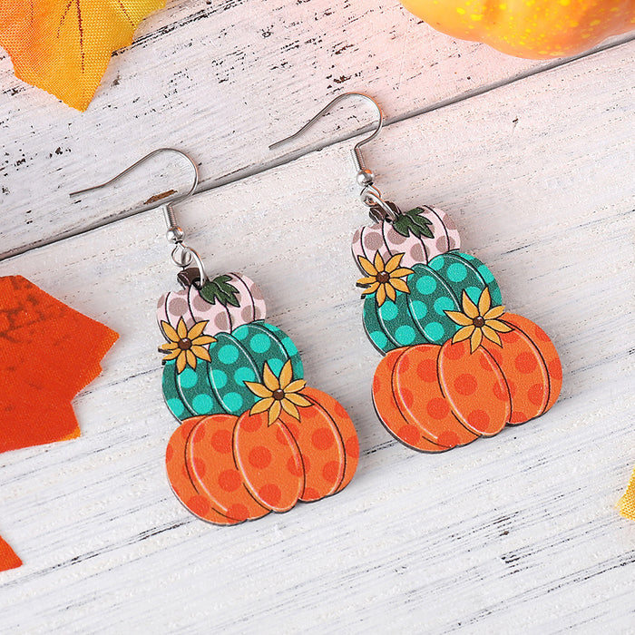 Wholesale Thanksgiving Autumn Harvest Polka Dot Plaid Pumpkin Flower Pendant Wooden Earrings JDC-ES-WenT023