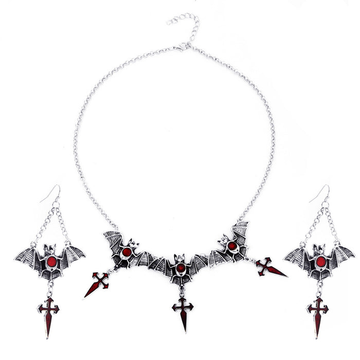 Wholesale Gothic Bat Earrings and Cross Pendant Necklace Set Red Drop Design Alloy Jewelry