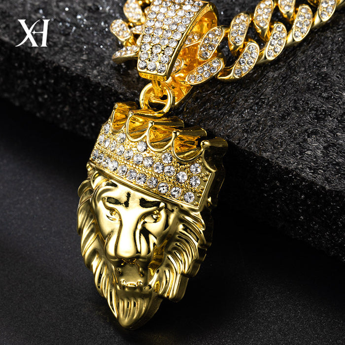 Wholesale long necklace Cuban chain Crown lion head pendant men's accessories