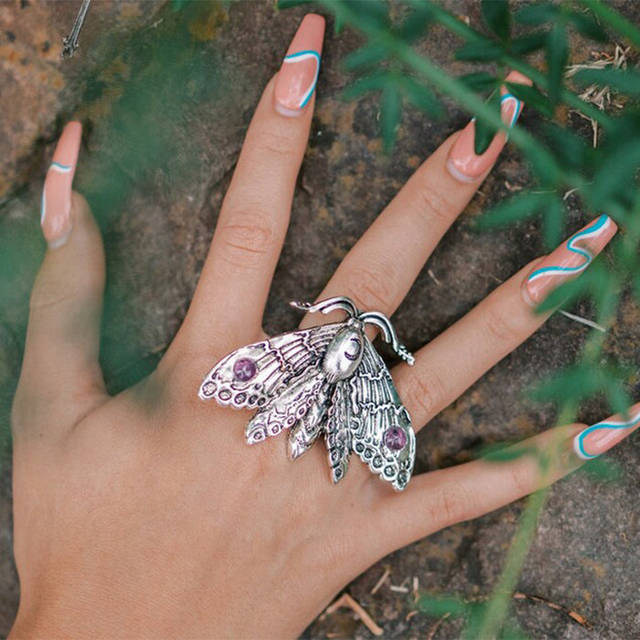 Wholesale Vintage moth insect personality ring exaggerated inlay gem punk ring