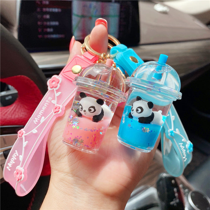 Wholesale Red Creative Girl's Heart Cute Panda Oil-filled Milk Tea Cup Floating Bottle Keychain Pendant quicksand pendant