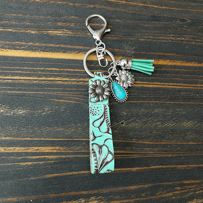 Wholesale Genuine Leather Western Cowboy Retro Keychain Turquoise Pendant Decorative