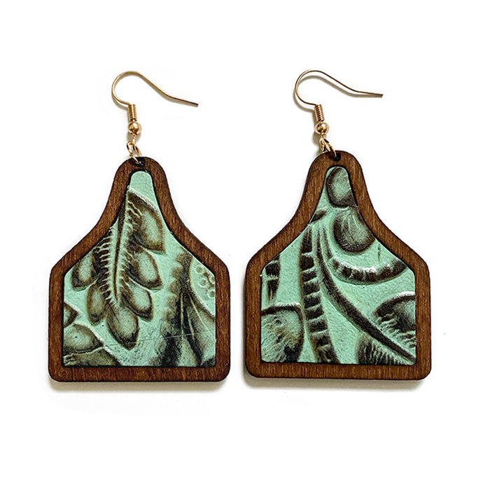 Wholesale Genuine leather earrings cowhide embossed cow brand cactus inlaid Western retro wood earrings