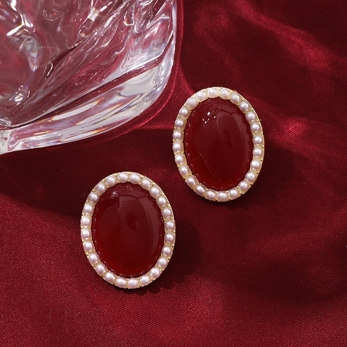 Wholesale Silver needle wine red light luxury retro female temperament pearl earrings high-end earrings