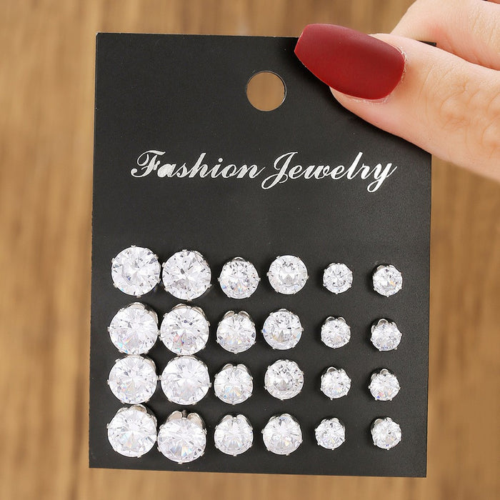 Wholesale Zinc Alloy Zircon Earring Set 12 Pairs Geometric Design Party Wear Jewelry Accessory For Women