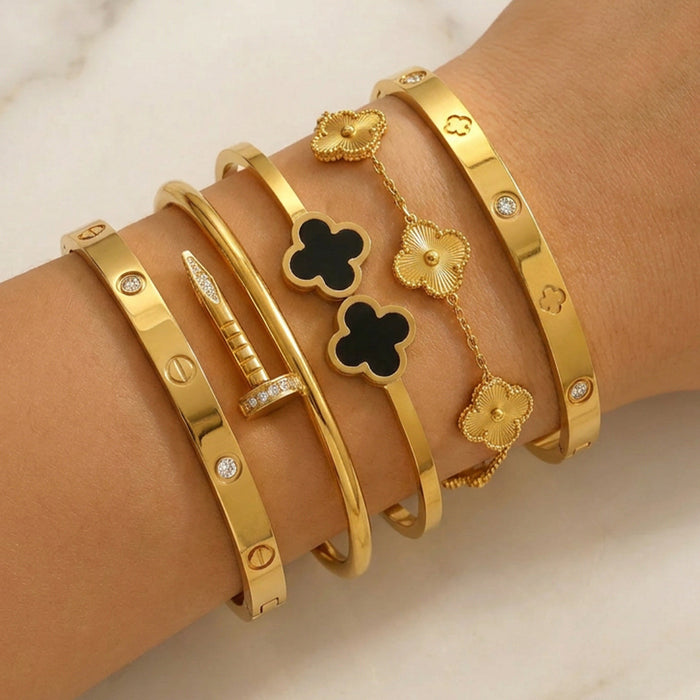 Wholesale Fashion Accessory Titanium Steel Stackable Bracelet Set With Four Leaf Flower Design Non Fading Boutique Resale