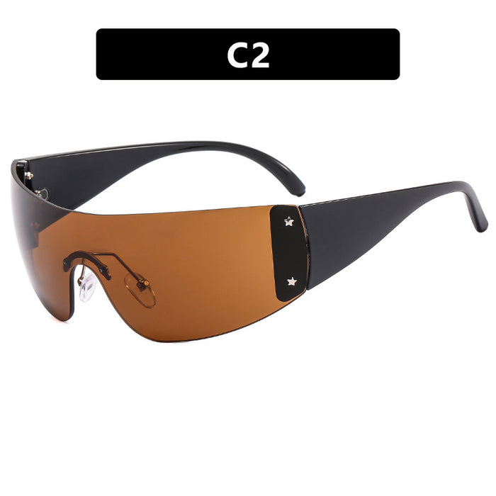 Wholesale Frameless one-piece sunglasses, pentagram sunglasses, sports glasses