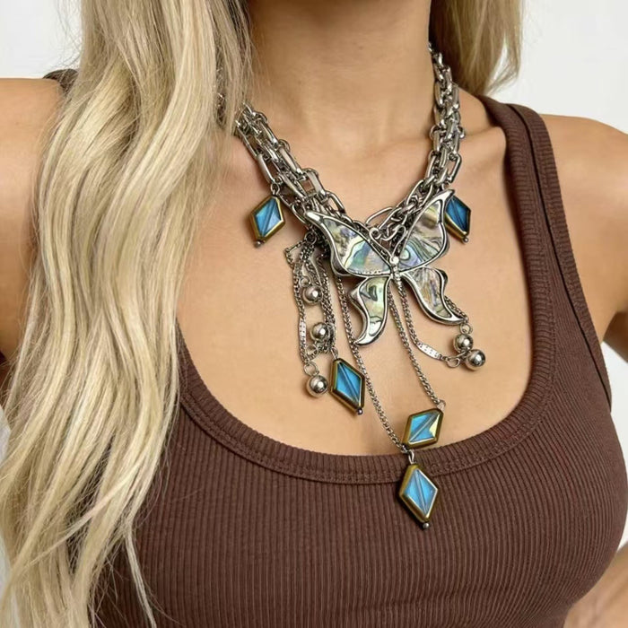 Wholesale Alloy Purple Crystal Butterfly Tassel Necklace Fashion Jewelry Accessory