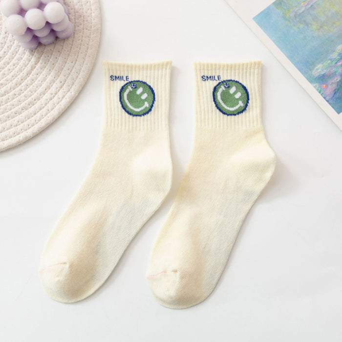 Wholesale of 10pcs Solid Color Knitted Smiling Face Mid Length Socks JDC-SK-Miqi007