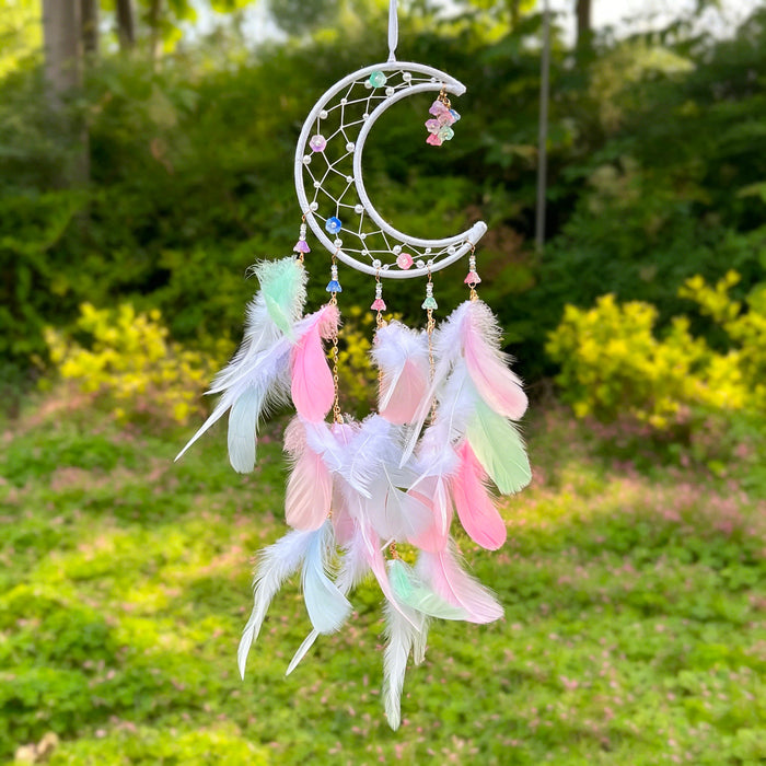 Wholesale Handmade Moon Feather Dream Catcher Macaron Color Decorative Wall Hanging MOQ≥2