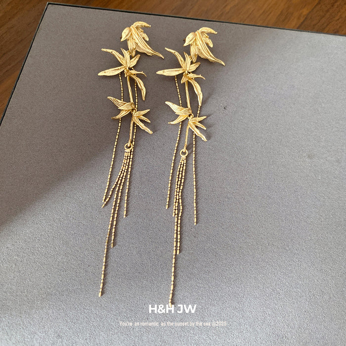 Wholesale Silver needle bamboo leaf tassel earrings new Chinese style fashion temperament niche cold style earrings light luxury high-end earrings for women