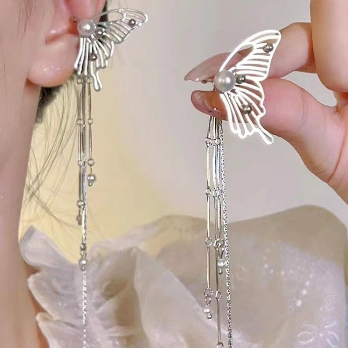 Wholesale Hollow out butterfly earrings, new trendy style, pearl tassel ear bone clip, high-end feeling, light luxury earrings