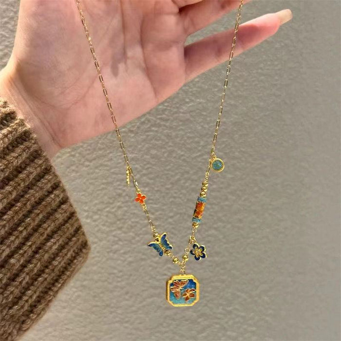 Wholesale Pure Copper Gold Plated Enamel Butterfly Necklace Exquisite Antique Woolen Chain
