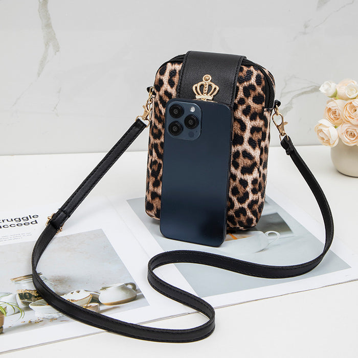Wholesale Leopard Print Women' s Cell Phone Bag Fashion Crown Charm Embossed Crossbody Bag Shoulder Bag