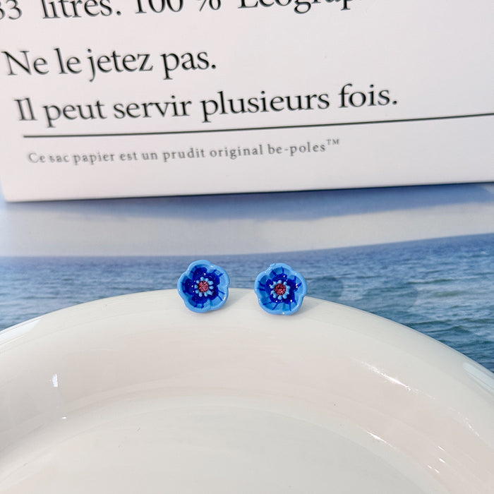 Wholesale New retro drop glazed blue small flower earrings, small and cute earrings, gentle and delicate temperament earrings