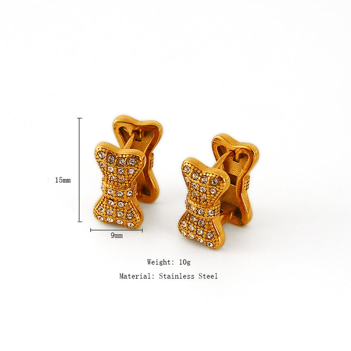 Wholesale Fashionable and personalized three-dimensional stainless steel butterfly earrings with diamond temperament, bow tie earrings, color preservation