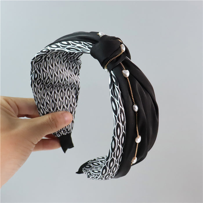 Wholesale Love Pearl Chain Geometric Print Wide Edge Butterfly Knot Headband JDC-HD-ZC014