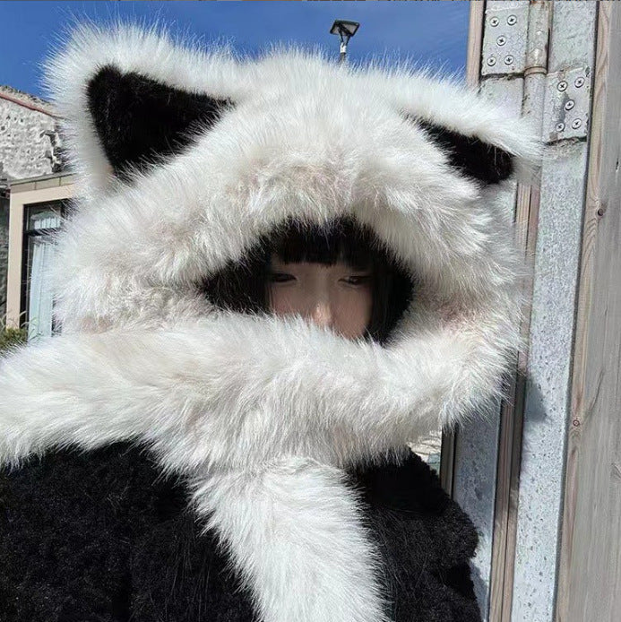 Wholesale Thickened anti cold plush fox ear hat, women's winter scarf in one new style for warmth