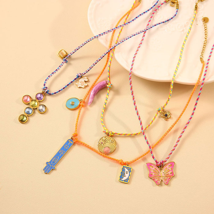 Wholesale Handmade New Original Design Colorful Cotton Rope Necklace with Stainless Steel Drip Oil Pendant Butterfly Fashion Pendant