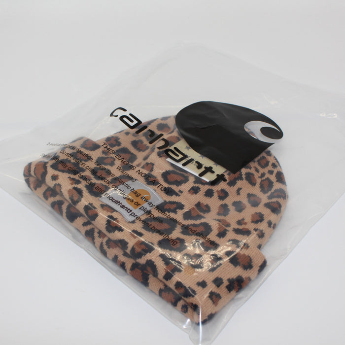 Wholesale Leopard Jacquard Fabric Label Wool Double Layer Folded Hem Knitted Hat JDC-FH-QingCL005