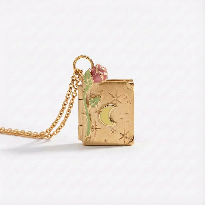 Wholesale Gold and Silver Star and Moon Three-Dimensional Rose Book Necklace Retro Openable Pendant Photo Box