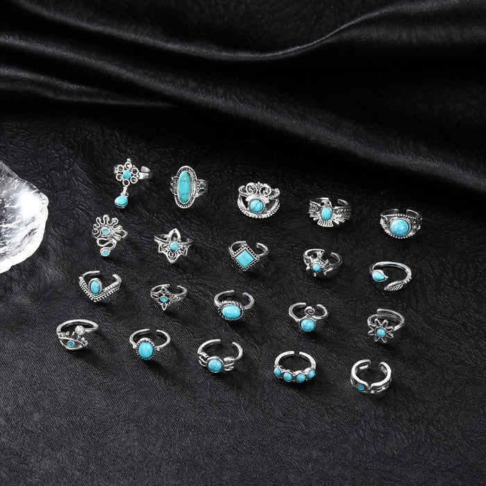 Wholesale Ethnic Style Retro Turquoise Carved Feather Ring Fashionable and Personalized 8-Piece Combination Ring Set