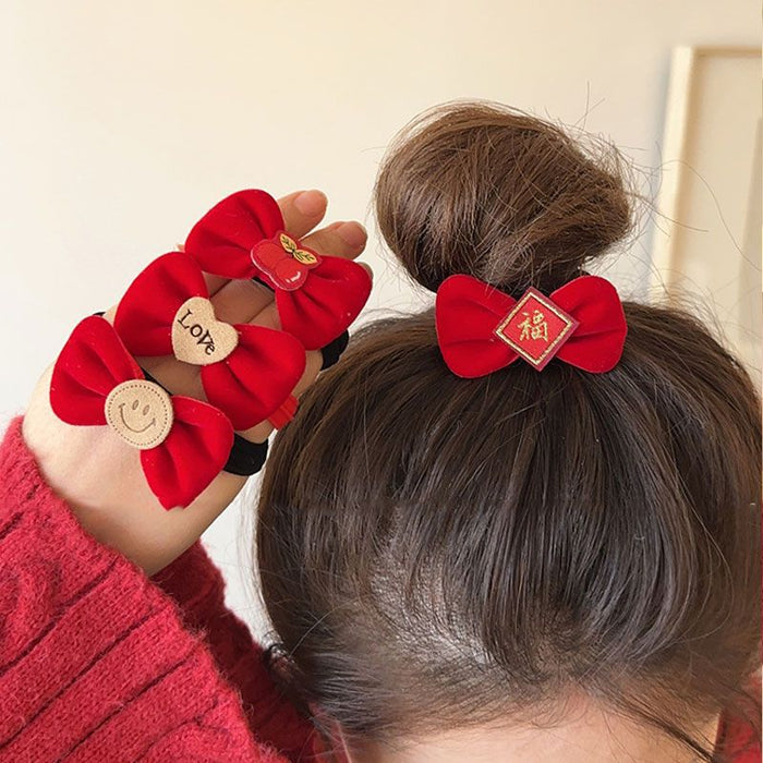 Wholesale New Year red bow hair band high elastic new year headdress baby rubber band children's festive hair accessories ponytail hair rope