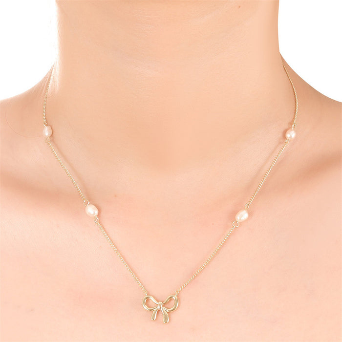 Wholesale Butterfly Knot Pearl Necklace Copper Plated Simple and Versatile for Daily Use, Light Luxury Style Clavicle Chain